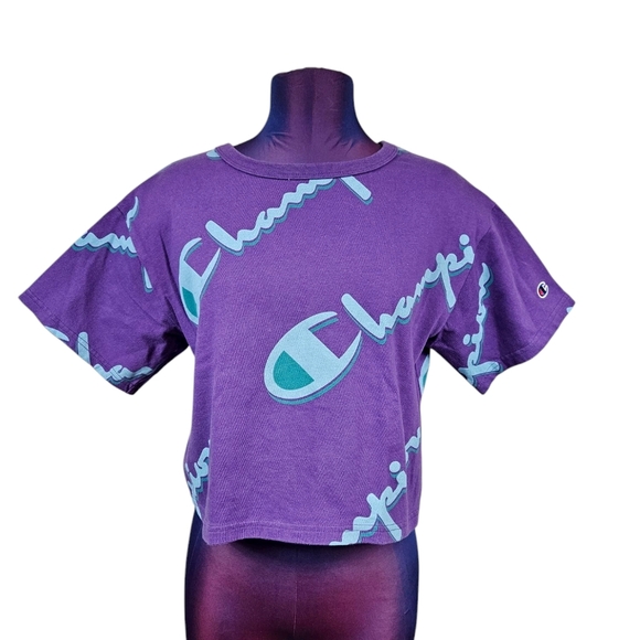 Champion Reverse Weave Purple Script Logo Cropped Tee-Shirt Size Small Women J1 - Picture 7 of 7